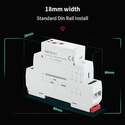 GEYA Delay On Single Function Time Relay 1 Output 16A Electronic Adjustable Power ON Timer Delay Relay Rail Modular(GRT8-A1,AC/DC12V-240V)