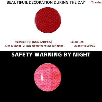 Non Fading Red Reflective Stickers 2-inch Diameter Round Reflector, Outdoor Waterproof High Visibility Warning Adhesive Tape (50 Pcs)