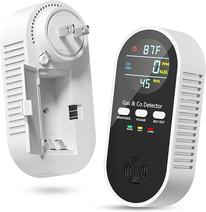 5-in-1 Gas Leak Detector & Carbon Monoxide Detectors Plug in, Portable Carbon Monoxide Detector with Brightness & Volume Adjustment Temperature & Humidity, Battery Backup for Home/RV/Travel