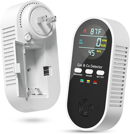 5-in-1 Gas Leak Detector & Carbon Monoxide Detectors Plug in, Portable Carbon Monoxide Detector with Brightness & Volume Adjustment Temperature & Humidity, Battery Backup for Home/RV/Travel