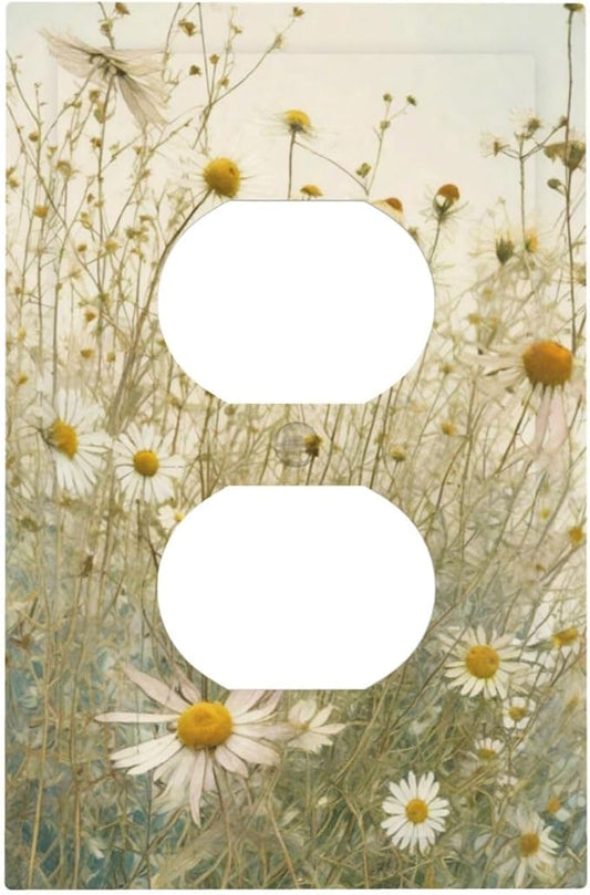 White Wildflowers Daisy Vintage Floral Outlet Covers 1 Gang Duplex Light Switch Cover Decorative Switch Plates Electrical Receptacle Faceplate Wall Plate for Bed Room Living Room Decor