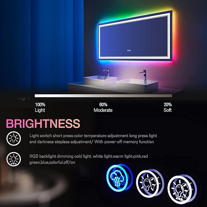 77x36 Inch RGB LED Bathroom Mirror with Lights, Color Changing RGB Backlit LED Mirror for Bathroom,Lighted Vanity Mirrors for Bathroom Wall, Dimmable, Anti-Fog (RGB Backlit+Front-Lit)