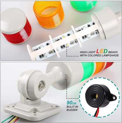 Signal Tower Stack Lights - Industrial Warning Lights with Rotatable Base, Steady/Flashing, 110V 220V AC (3-Layer, with Buzzer)