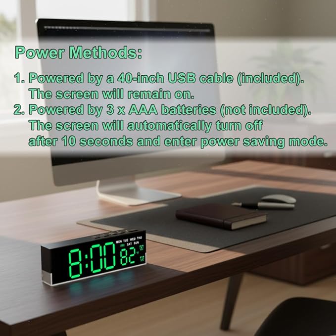 zyzamay 7-Inch Modern LED Digital Alarm Clock with Dual Alarms & Soft Bottom Light｜Displays Time, Date, Day, Temperature ｜3-Level Auto/Manual Brightness, DST, USB or Battery Powered Desk Clock,Green