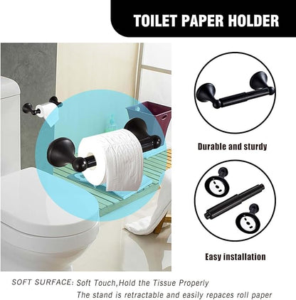 Matt Black Bathroom Accessory Set, Adjustable Towel Bar,Towel Ring,Toilet Paper Holder,Robe Hook 4-Piece Bathroom Hardware Set Wall Mounted (Matt Black)