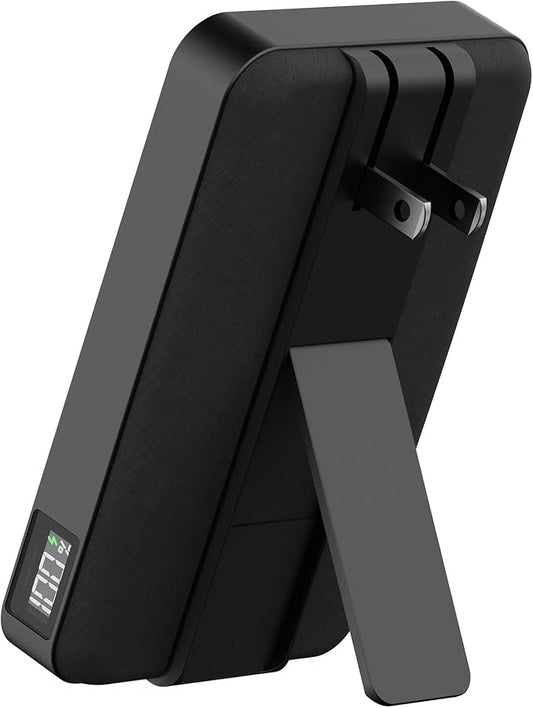 myCharge CliqLuxe+ 10,000mAh Wireless Magnetic Power Bank - Qi2.2 25W Ultra-Fast Wireless Charging | Built-in Wall Plug & Stand | 20W PD USB-C Port | Digital Battery Display | Premium Black Fabric