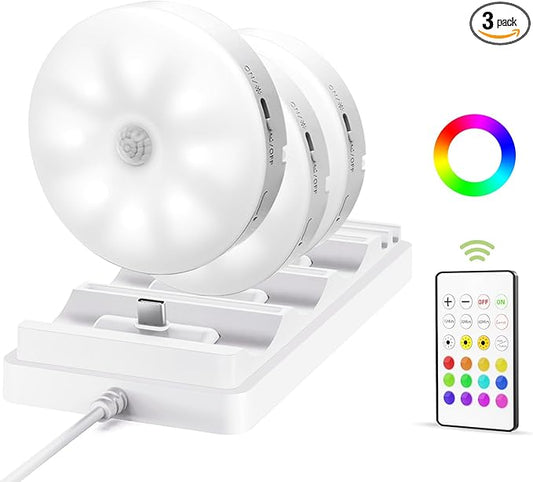 EZVALO Under Cabinet Lighting with Charging Station,1000mAh Rechargeable Puck Lights with Remote, 3 Color Temps & 12 RGB Closet Lights, Dimmable Motion Sensor Lights for Shelf, Kitchen (3 Packs)