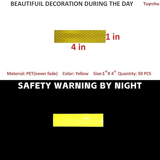 Non Fading Yellow Reflective Stickers 1 inch X 4 inch, Outdoor Waterproof High Visibility Warning Safety Adhesive Reflector Tape (50 Pcs)