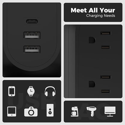 TESSAN Surge Protector Power Strip Tower with 3 USB Ports 11 Outlets, 1625W/13A, Black Extension Cord 6 Feet, 1050J Protection Desktop Charging Station for Office School Dorm Room Essentials
