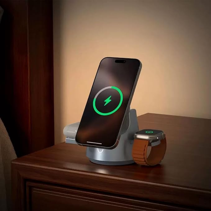Smart iPhone Charger 4 in 1 Wireless Charging Station for iPhone, Apple Watch & AirPods – Motorized Expandable Dock with 110° Rotation, 15W, RGB Night Light, CE/FCC Certified
