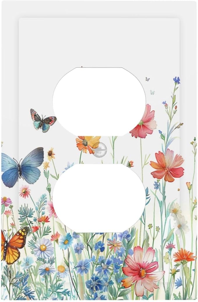 Decorative Outlet Covers Rustic Wildflower Blue Pink Floral Butterfly 1 Gang Duplex Light Switch Cover Plate Unique Wall Plates for Electrical Outlets Switch Plate Covers for Bedroom Decor