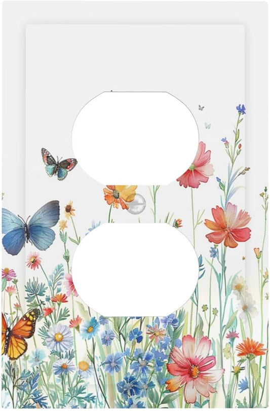 Decorative Outlet Covers Rustic Wildflower Blue Pink Floral Butterfly 1 Gang Duplex Light Switch Cover Plate Unique Wall Plates for Electrical Outlets Switch Plate Covers for Bedroom Decor
