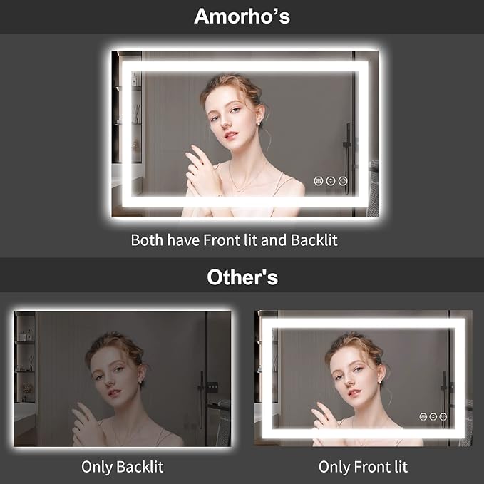 Amorho LED Mirror for Bathroom, 72''x 40'' with Front and Backlight, Large Dimmable Wall Mirrors with Anti-Fog, Shatter-Proof, Memory, 3 Colors, Double LED Vanity Mirror