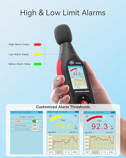 Decibel Meter, Sound & Noise Decibel Level Reader Monitor, SPL Meter 30dB to 130dB(A) with Record, Visual Alarm, A/C Weighted, Rechargeable for Home, Classroom