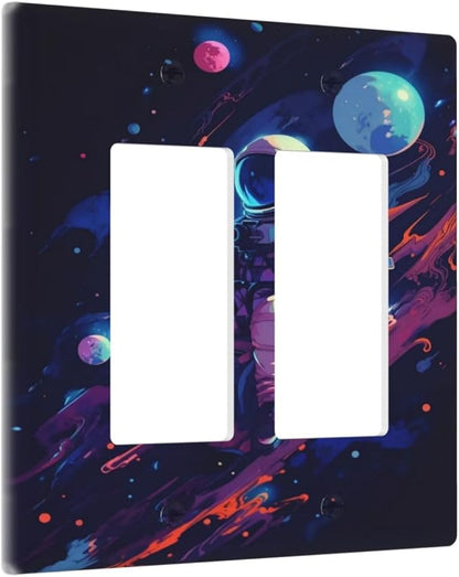 Decorative Outlet Covers Purple Space Astronaut Planet 2 Gang Wall Plate Double Rocker Two Switch Wall Cover Plate Jumbo Dual Electrical GFCI Face Plate for Bedroom Home Decor
