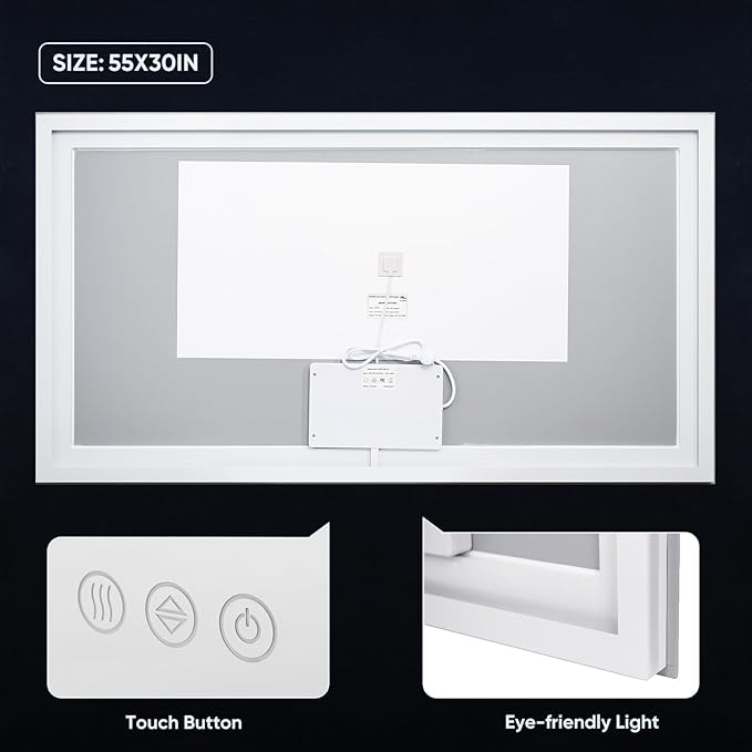 LED Bathroom Mirror, 55"x30" with Frontlit and Backlit Anti-Fog Mirror with Lights LED Vanity Mirror for Bathroom 3 Colors Temperature & Dimmable Bathroom Mirror with HD Tempered Glass