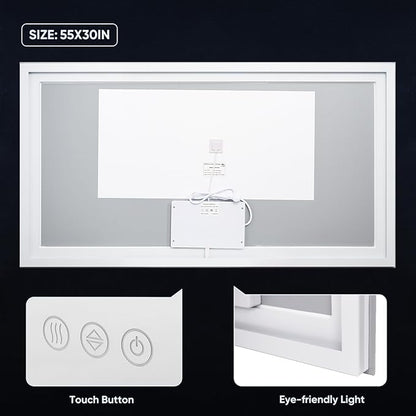 LED Bathroom Mirror, 55"x30" with Frontlit and Backlit Anti-Fog Mirror with Lights LED Vanity Mirror for Bathroom 3 Colors Temperature & Dimmable Bathroom Mirror with HD Tempered Glass