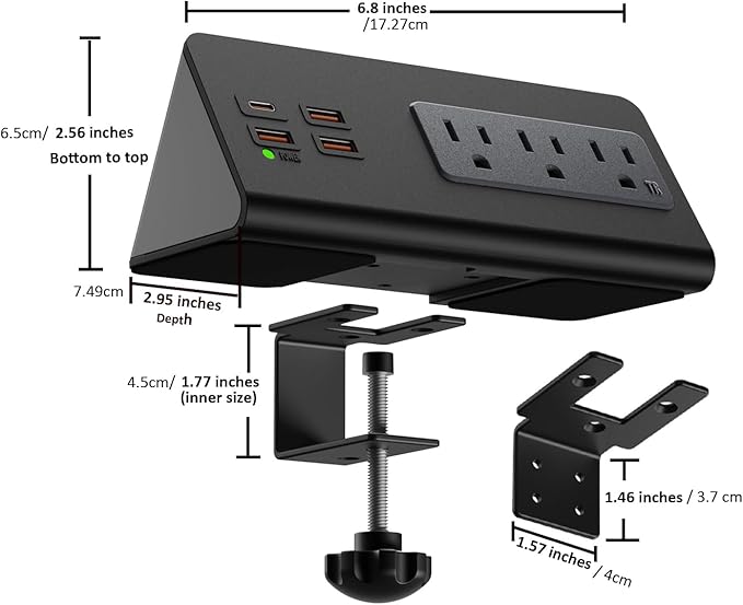 Power charge station edge clamp mount with USB-C portsTabletop Surge Protector Desk Clamp Power Sockets with 3 AC Outlets and 4 Fast Charging USB Ports for Home Office Hotel and Dormitory (Black-2pcs)