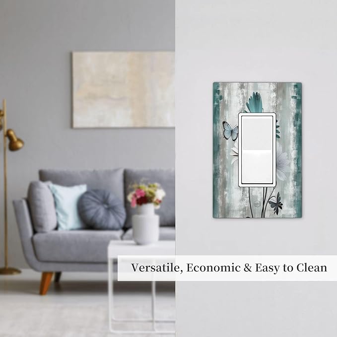 Decorative Outlet Covers Rustic Teal Daisy Floral Flowers Butterfly Wood Grain 1 Gang Single Rocker Light Switch Cover Plate Wall Plates GFCI Faceplate for Bathroom Bedroom Decor