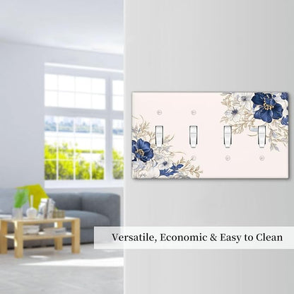 Decorative Light Switch Cover Plate Rustic Blue Beige Flower Peony Floral 4 Gang Wall Plates for Electrical Outlets Quad Toggle Switch Plate Covers Outlet Covers Faceplate for Bedroom Decor