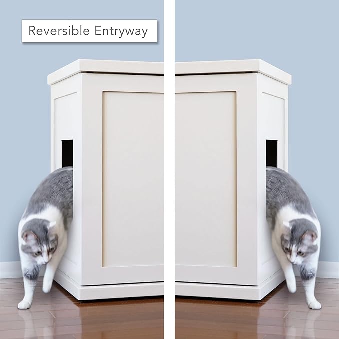 THE REFINED FELINE Cat Litter Box Enclosure Cabinet, Cottage, White, Square Feet, XLarge, Hidden Litter Cat Furniture with Drawer