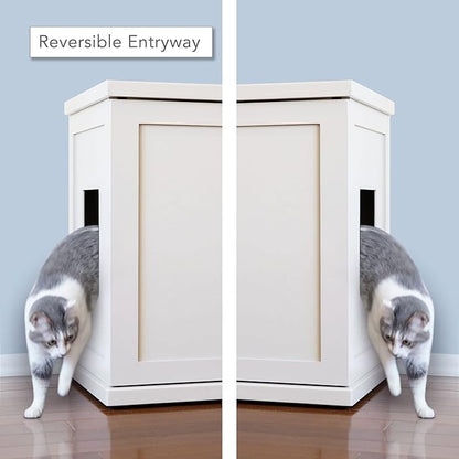 The Refined Feline Cat Litter Box Enclosure Cabinet, Shaker, White, Tapered Feet, XLarge, Hidden Litter Cat Furniture with Drawer
