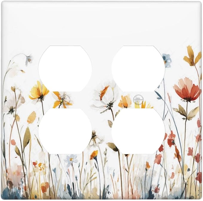 Watercolor Wildflower Colorful Floral Plant Outlet Covers 2 Gang Double Duplex Decorative Light Switch Covers Electrical Wallplates Socket Faceplate for Bed Room Living Room Decor