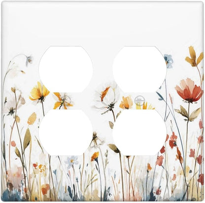 Watercolor Wildflower Colorful Floral Plant Outlet Covers 2 Gang Double Duplex Decorative Light Switch Covers Electrical Wallplates Socket Faceplate for Bed Room Living Room Decor