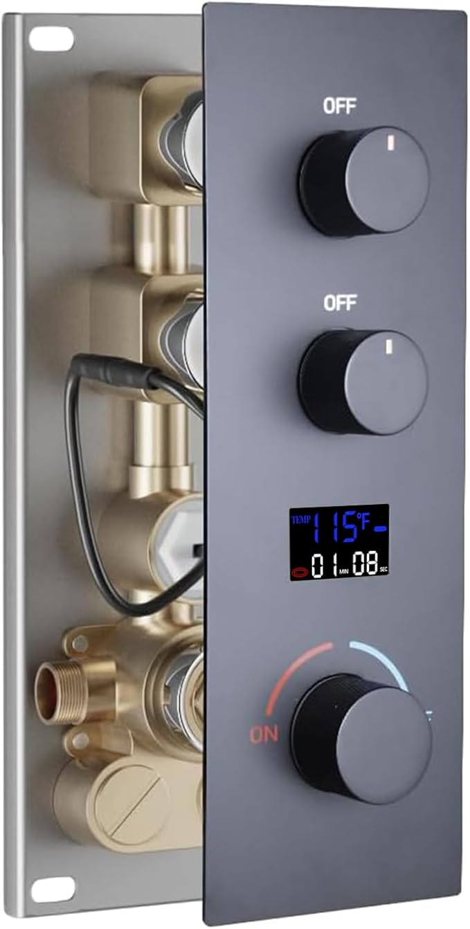 2 Way Shower Diverter Valve Brass 2 Functions Digital Temperature Display Thermostatic Shower Mixing Valve Kit 3 Handle Flow Cotrol Valve, Can Run Simultaneously Matte Black