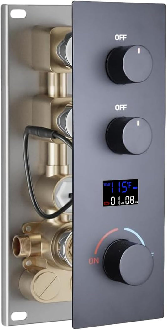 2 Way Shower Diverter Valve Brass 2 Functions Digital Temperature Display Thermostatic Shower Mixing Valve Kit 3 Handle Flow Cotrol Valve, Can Run Simultaneously Matte Black