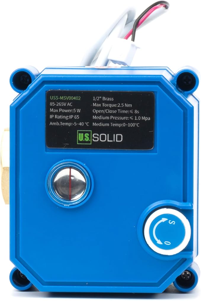 U.S. Solid 1/2" Motorized Ball Valve with Manual Function - Brass, Full Port, 85-265V AC, 2 Wire Auto Return, Normally Closed