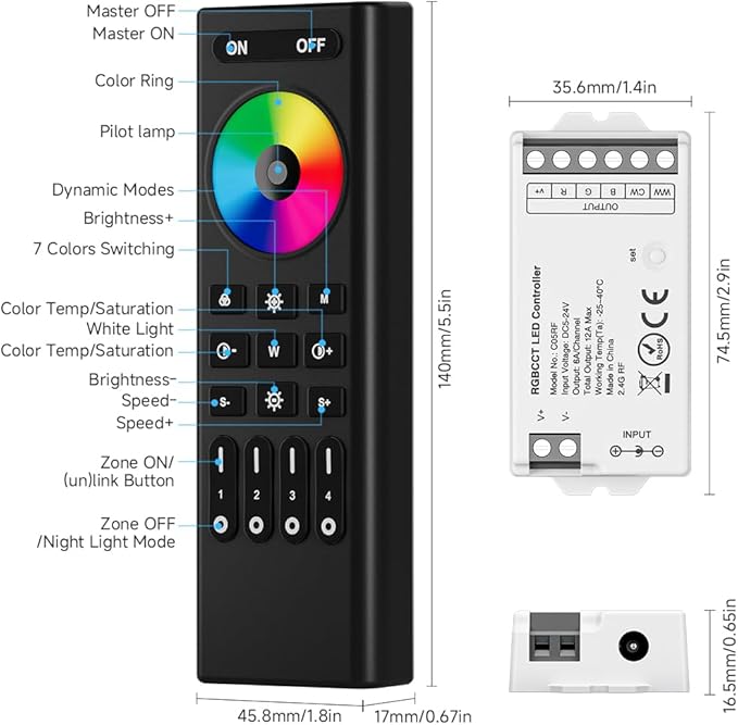4-Zone RGBCCT RGBWW RF 2.4GHz Wireless Remote Controller Kit, PWM RGBCCT (+ R G B C W) 6pin LED Strip DC5V DC12V DC24V Max 12A Indoor String Light