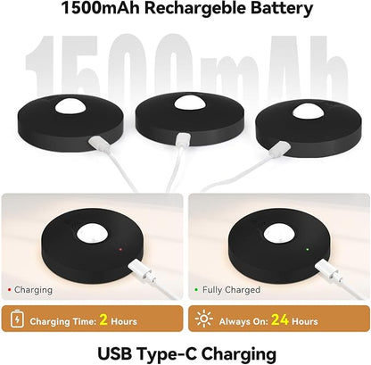 Yiliaw Rechargeable Puck Lights with Remote, 3 Pack Magnetic Under Cabinet Lighting, 1500mAh Battery Operated LED Tap Lights with Dimmer & Timmer for Kitchen, Closet, Shelf - 3 Color Temps, Black
