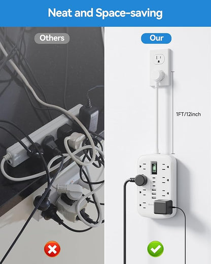 Short Extension Cord 1 ft - Small Power Strip Flat Outlet Extender Surge Protector with 8 AC Outlets 6 USB (5V/4.8A 24W), Mini Extension Cord Flat Wall Plug for Home Office Dorm Kitchen Bathroom