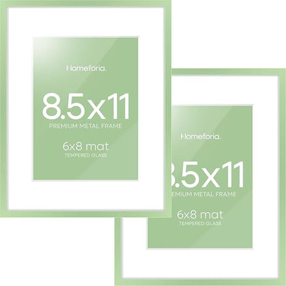 Homeforia 8.5x11 Sage Green Frame, High End Metal 8.5 x 11 Picture Frames with Mat 6 by 8 inch Photo, 11x8.5 Poster Frame Matted to 6x8 Art, Wall or Tabletop Frames, Tempered Glass, Wall Kit, Set of 2