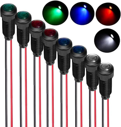 8pcs Red/Blue/Green/White LED Indicator Pilot Light AC/DC 12-24V Mounting Hole Size 8mm(Flame Retardant Plastic Shell)