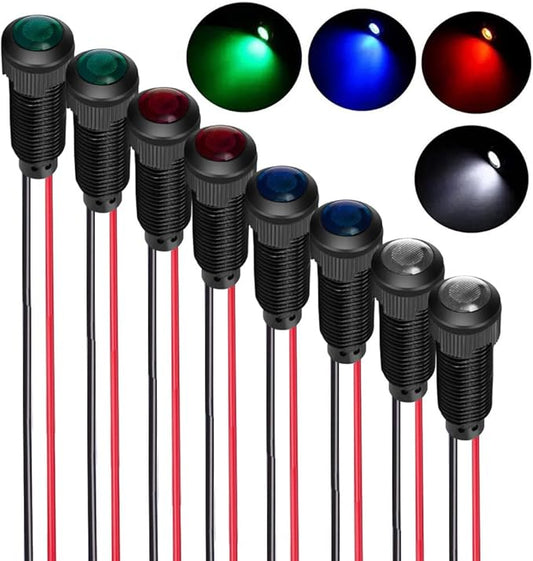 8pcs Red/Blue/Green/White LED Indicator Pilot Light AC/DC 12-24V Mounting Hole Size 8mm(Flame Retardant Plastic Shell)
