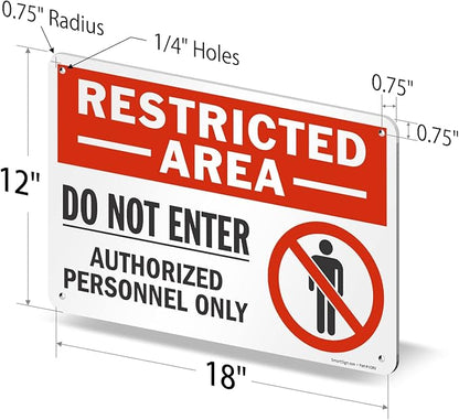 SmartSign 12 x 18 inch “Restricted Area - Do Not Enter, Authorized Personnel Only” Metal Sign with Symbol, 63 mil Laminated Rustproof Aluminum, Red, White and Black, Made in USA