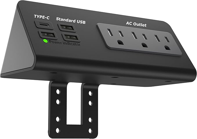 Power Charge Station Edge clamp Mount with USB-C Ports，Tabletop Surge Protector, Desk Clamp Power Sockets with 3 AC Outlets and 4 Fast Charging USB Ports for Home Office Hotel and Dormitory (Black)