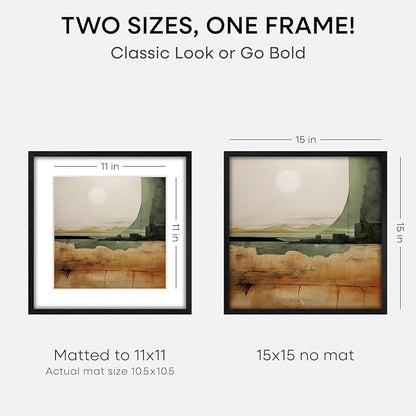 Homeforia 15x15 Black Wood Frame, High End Oak 15 x 15 Square Picture Frames with Mat 11 by 11 inches Photo, 15by15 Black Wooden Poster Frames Matted to 11x11 Print, Tempered Glass, Wall Kit, Set of 3