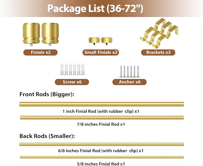 Double Curtain Rod 36 to 72 Inch, HOTOZON 1 Inch Heavy Duty Double Curtain Rods for Windows 24 to 68 Inches(2-5.6 ft), Telescoping Drapery Rod with Simple End Finials, Gold