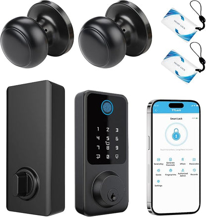 Smart Door Lock with Door Knobs, Fingerprint Door Lock with Handle, Black Smart Lock Round Handles for Home, Apartment