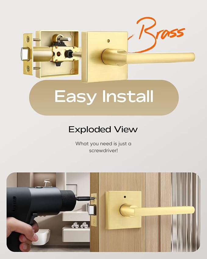 Leydebong 3 Pack Gold Door Handle Heavy Duty, Keyless Door Knob Reversible Square Door Lever for Bedroom, Bathroom and Rooms