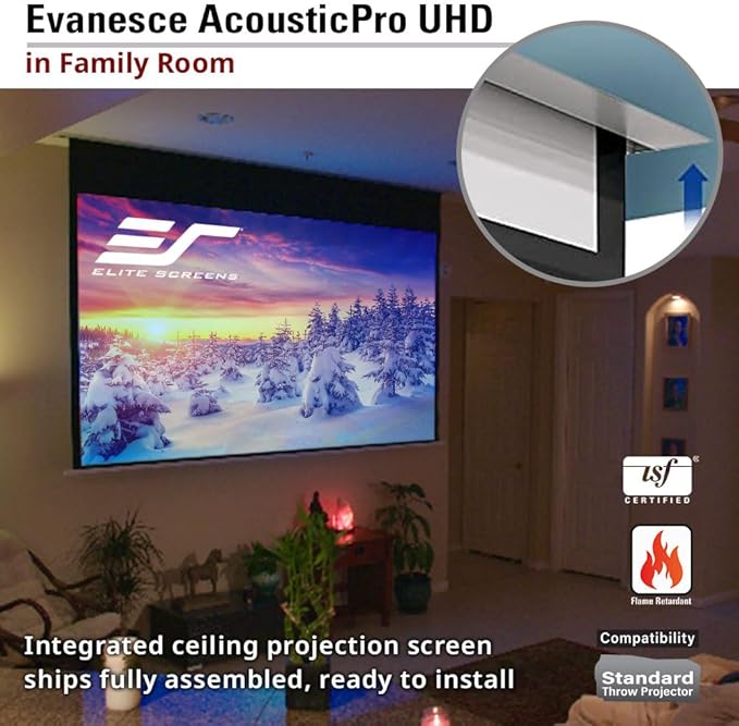 Elite Screens 140-Inch Sound Transparent Front Projection AcousticPro UHD Recessed In-Ceiling Electric Projector Screen in White