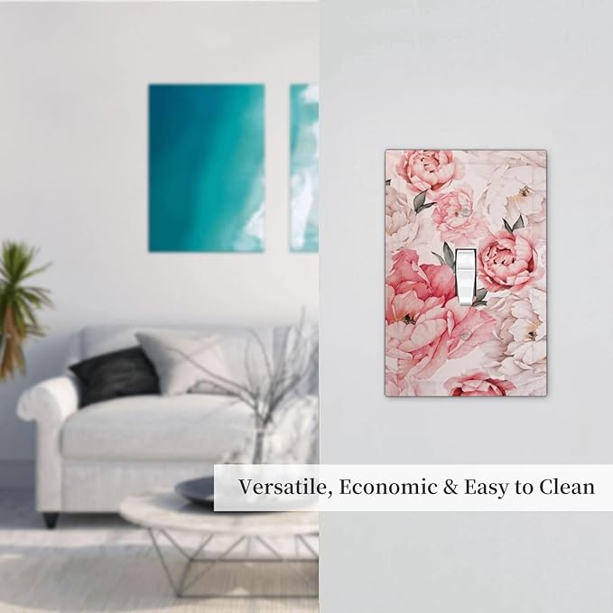 Decorative Light Switch Plate Covers Ink Pink Peony Flower Rustic Floral 1 Gang Light Switch Cover Plate Single Toggle Wall Plate Outlet Covers Faceplate for Home Decor （2 Pack）