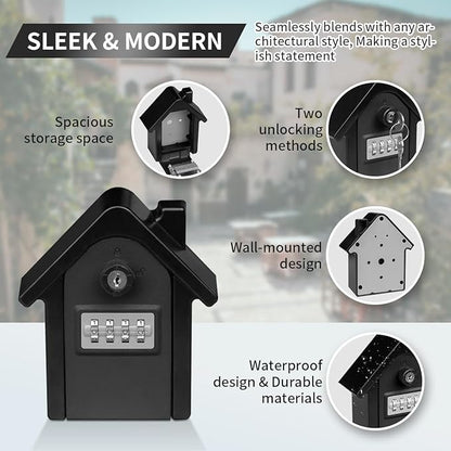 Key Lock Box with Combination lock & Key lock, Portable Large Capacity Key Storage Box Wall Mounted, Resettable Code, Waterproof Security Lock Box for Home, Office, Garage, Realtors Black(1 Pack)