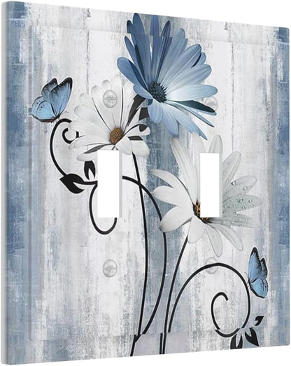 Decorative Light Switch Cover Plate Rustic Blue White Daisy Ink Flower 2 Gang Outlet Covers Double Toggle Wall Plates for Electrical Outlets Switch Plate Covers for Bedroom Home Decor