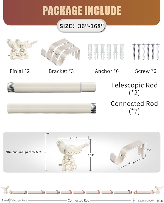 Curtain Rod 36 to 168 Inches White Curtain Rods for Windows Adjustable Drapery Rod with Bird Finials Heavy Duty Window Curtains Rods for Living Room Bedroom