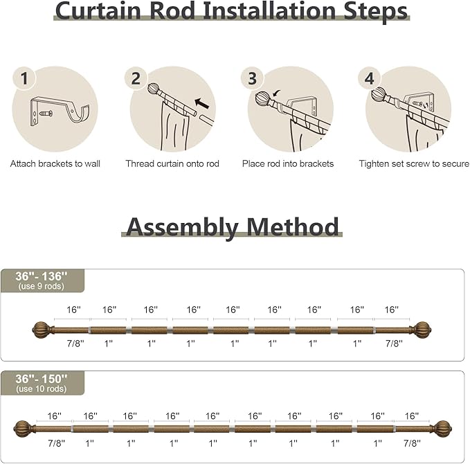 Antiqued Bronze Curtain Rods for Windows 72 to 144 Inch, 1'' Adjustable Heavy Duty Curtain Rod，Vintage Decorative Drapery Rods with Pumpkin Finials for Bedroom Living Room