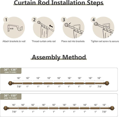 Antiqued Bronze Curtain Rods for Windows 72 to 144 Inch, 1'' Adjustable Heavy Duty Curtain Rod，Vintage Decorative Drapery Rods with Pumpkin Finials for Bedroom Living Room